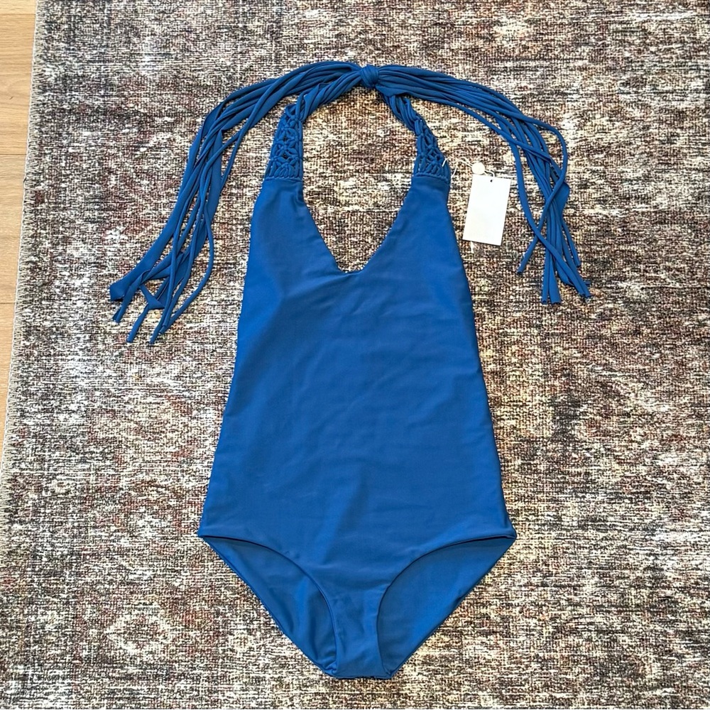 NWT Mikoh Mediterranean Macrame Detail V-Cut Halter One Piece Swimsuit Womens S